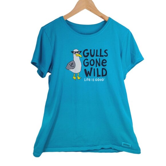 Life is Good Crusher Tee Tshirt Gulls Gone Wild Women's Size L Blue - Picture 7 of 7